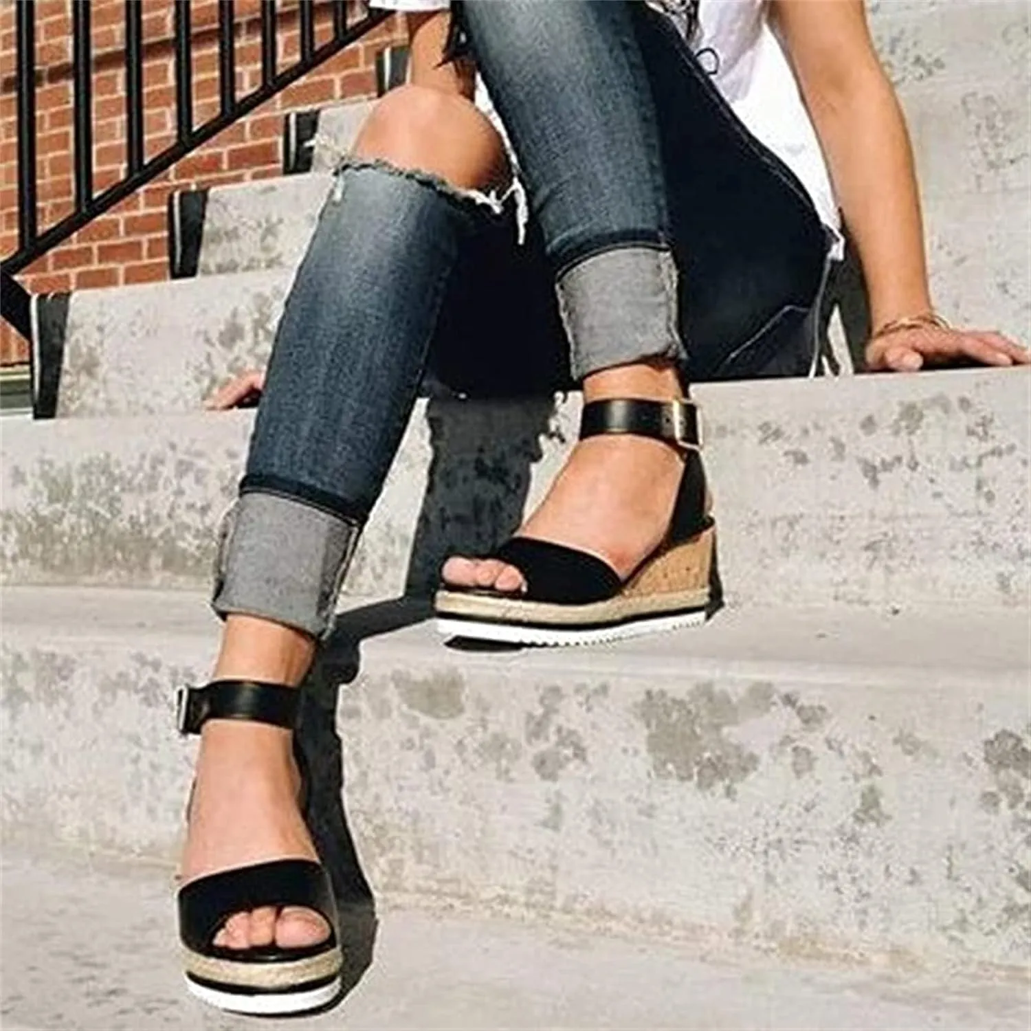 Ladmiple Summer Sandals for Women 2023 Platform Slip On Strappy Wedge Sandals Open Toe Casual Comfy Beach Mid Heel Shoes