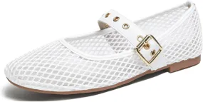 Mary Jane Shoes Women Fishnet Mesh Ballet Flats with Strap Buckle Closed Toe MaryJanes Shoes Ballerina Flats for Women Dressy Comfortable