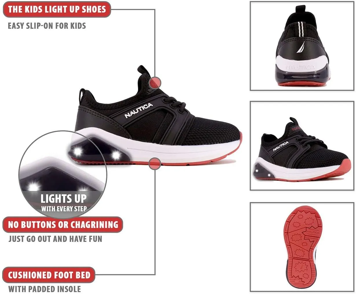 Nautica Kids Light Up Flashing Sneaker Athletic Running Shoes Lace-Up/Bungee/Slip-on |Boy - Girl|(Little Kid/Big Kid) Kappil Parks Neave Lights