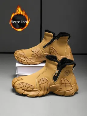 Sporty Men'S Solid Color Thermal Lined Zipper Waterproof Outdoor Running Shoes, Casual Comfortable High Top Sports Shoes for Outdoor Activities, Valentine'S Day Gift, Male All-Match round Toe Shoes for Daily Wear