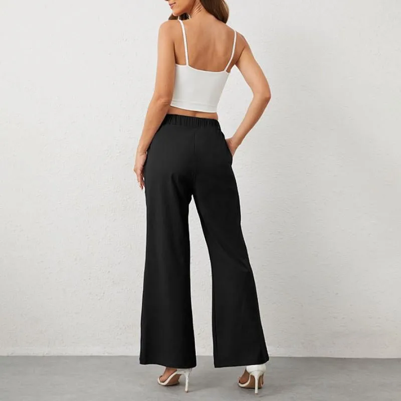 Women'S Mid-High Waist Elastic Wide Leg Trousers Casual Yoga Comfor Pants in Gray or Black with Pockets Womenswear Bottom