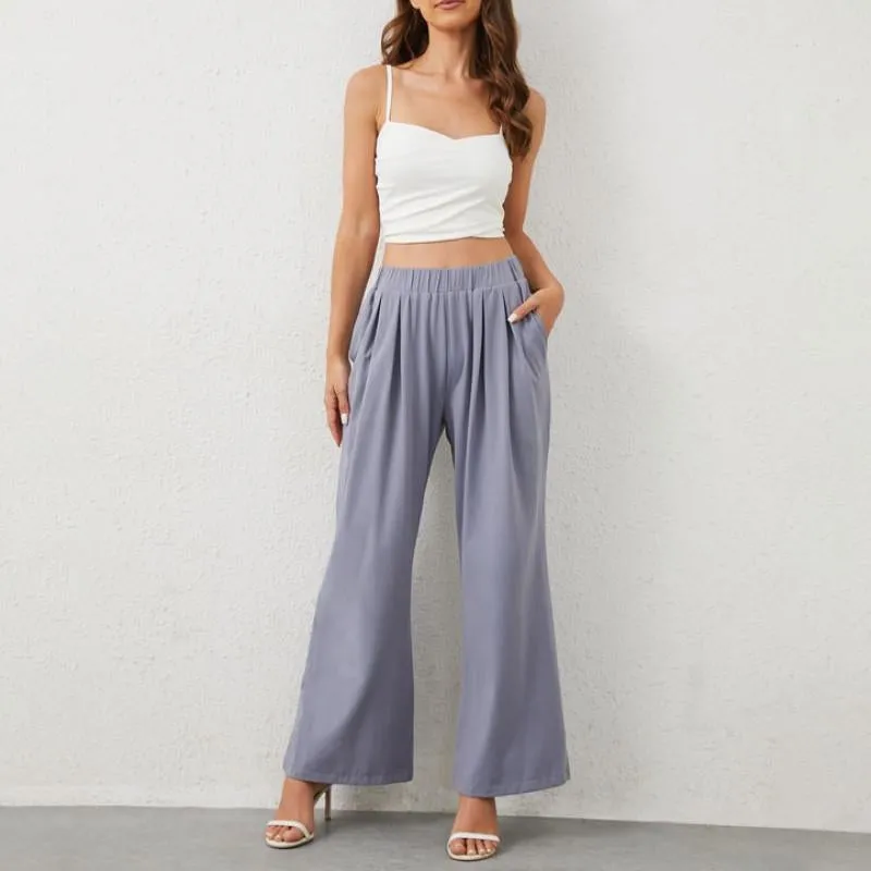 Women'S Mid-High Waist Elastic Wide Leg Trousers Casual Yoga Comfor Pants in Gray or Black with Pockets Womenswear Bottom