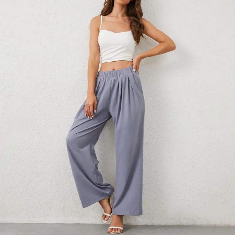 Women'S Mid-High Waist Elastic Wide Leg Trousers Casual Yoga Comfor Pants in Gray or Black with Pockets Womenswear Bottom
