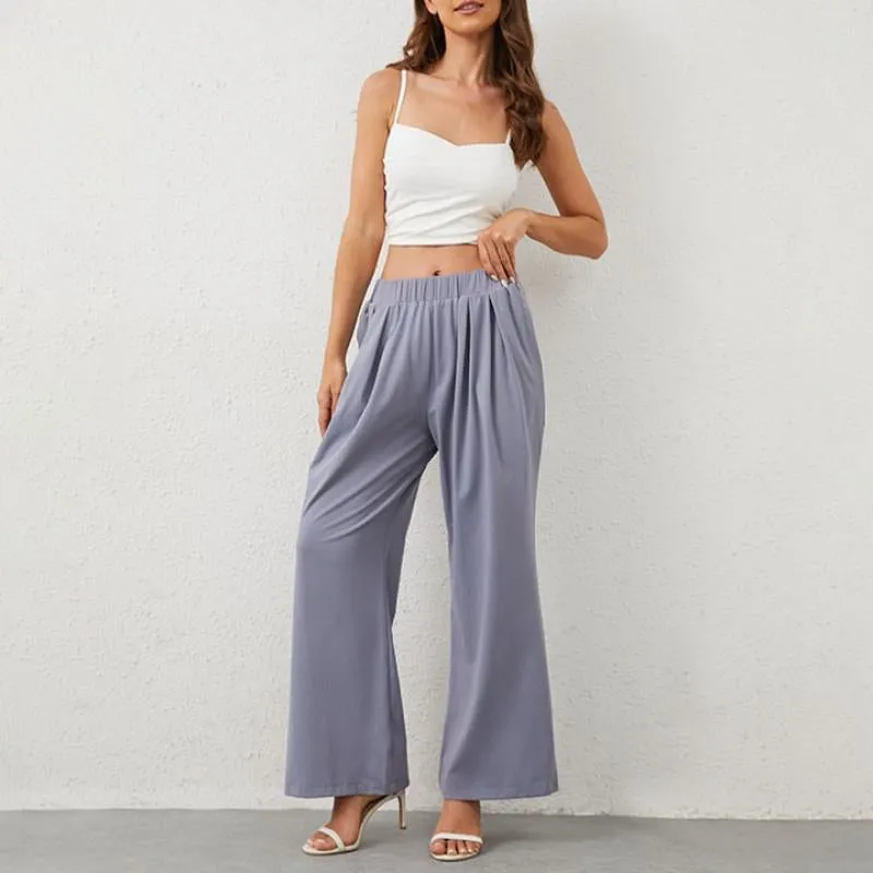 Women'S Mid-High Waist Elastic Wide Leg Trousers Casual Yoga Comfor Pants in Gray or Black with Pockets Womenswear Bottom