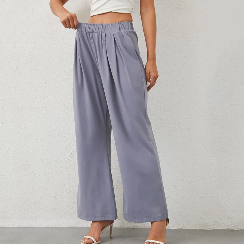 Women'S Mid-High Waist Elastic Wide Leg Trousers Casual Yoga Comfor Pants in Gray or Black with Pockets Womenswear Bottom